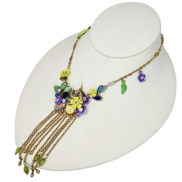 Betsey Johnson Hummingbird Flower Statement Necklace 29"  Tassel Spring Ahead - Picture 4 of 14